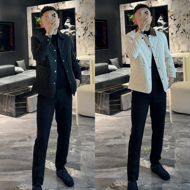 010 Autumn and Winter Light Luxury Men's Diamond Pattern Lapel Thin Cotton Jacket Fashionable Simple Solid Color Versatile Cotton Coat