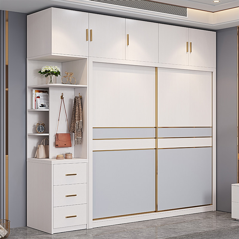 Solid wood multi-layer wardrobe sliding door light luxury bedroom home modern minimalist cabinet 18mm thick ecological board wardrobe