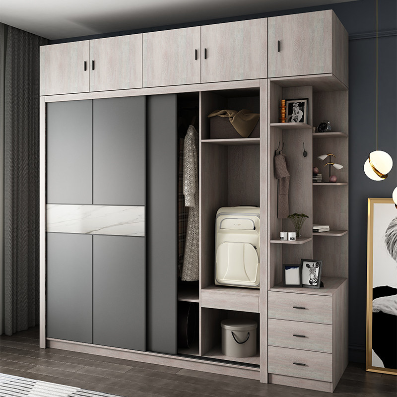 Wardrobe sliding door Nordic home assembly bedroom cabinet economical wooden storage cabinet light luxury sliding door wardrobe