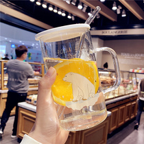 Cute simple creative bear glass cup with lid spoon male Lady office milk tea cup household drinking cup