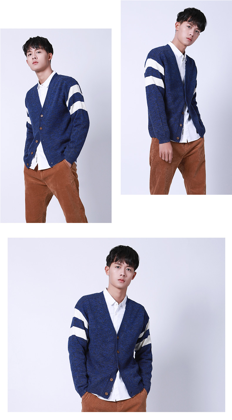 Jasonwood mùa xuân và mùa thu của nam giới thời trang V-Cổ áo len xu hướng sọc sinh viên cardigan top trung tâm mua sắm với cùng một đoạn thoi trang nam