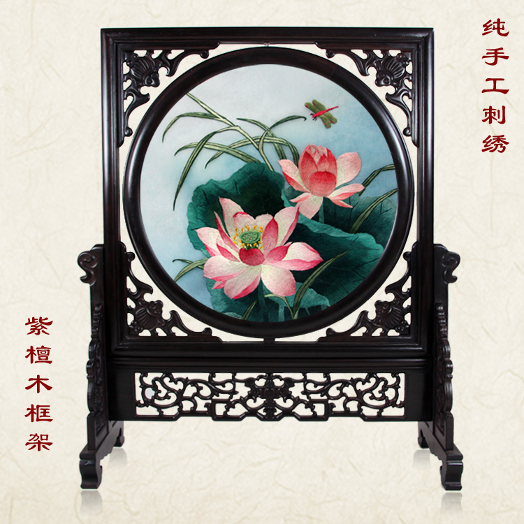 Xiang embroidery boutique lotus embroidery living room decoration painting pure hand painting sending elders high - end art small screen