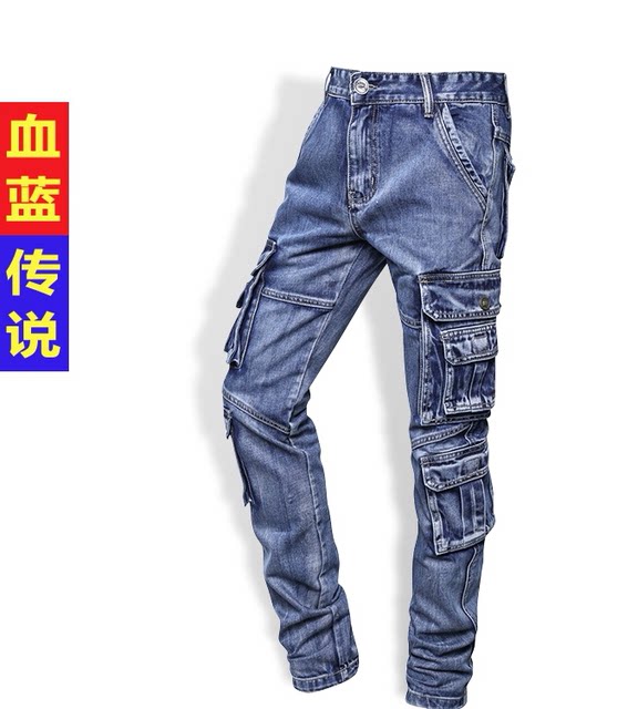 Blood Blue Legend jeans multi-pocket overalls ກິລາກາງແຈ້ງ ໂສ້ງຂາສັ້ນຊື່ໆ ໂສ້ງຂາສັ້ນຫຼາຍກະເປົ໋າ