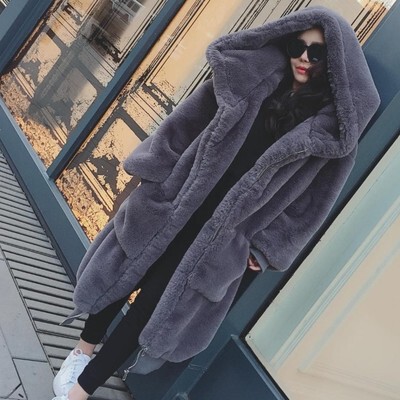 2023 Autumn/Winter New Gigi Style Faux Rex Rabbit Fur Thickened Long Hooded Fur Coat for Women