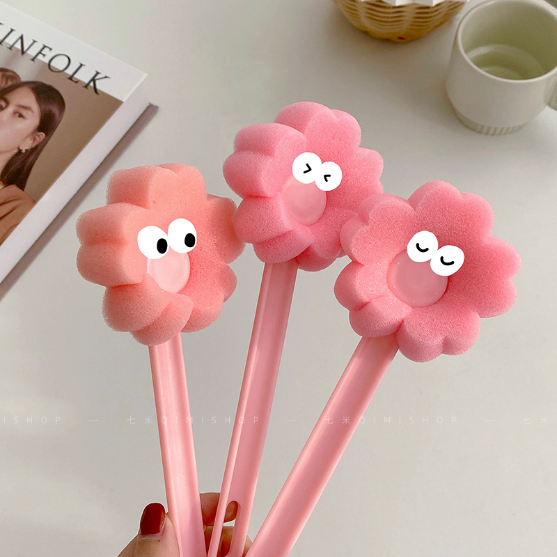 Seven meters ins cute flower sponge cup brush Japanese cherry blossom long handle cleaning brush kitchen brush hundred cleaning dishcloth