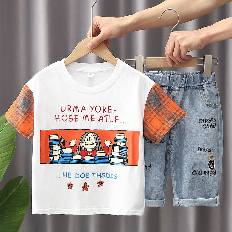 Boy Clothing Boy Pure Cotton T-shirt Two Sets 2021 Summer New Children's Korean Version Short Sleeve Suit Mid-Child Foreign Pie