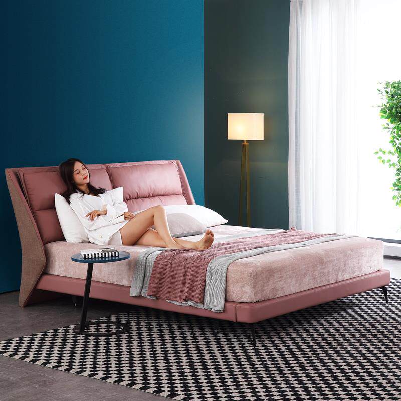 Nordic skin bed leather head skin modern small household minimal master bedroom 1 8 m double bed soft bed