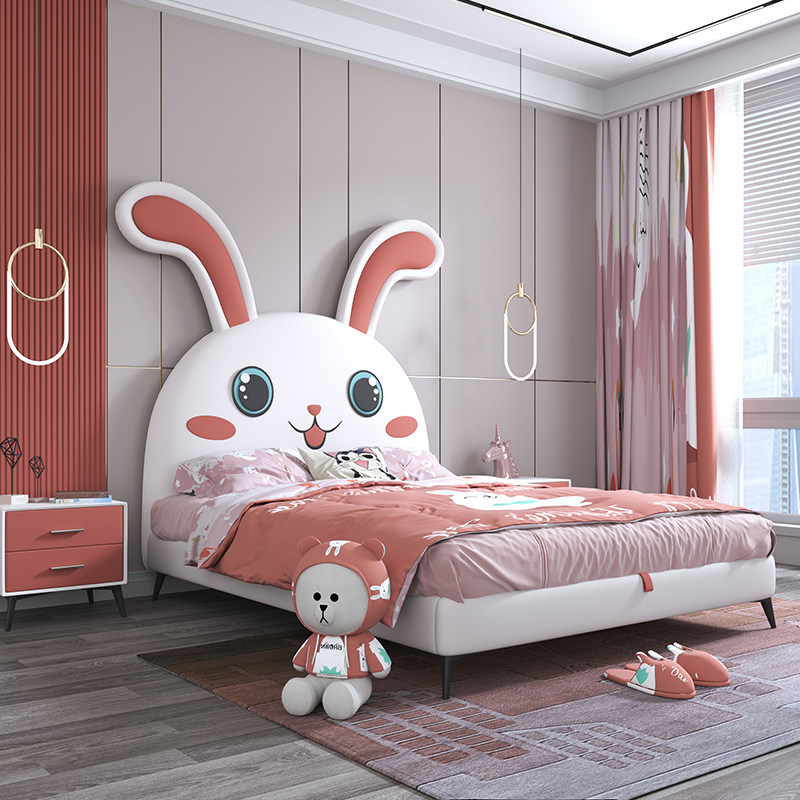 Child Bed Girl Princess Bed 1 5 m Storage Cartoon Rabbit Bed Net Red Solid Wood Dual-use Boy Single Bed