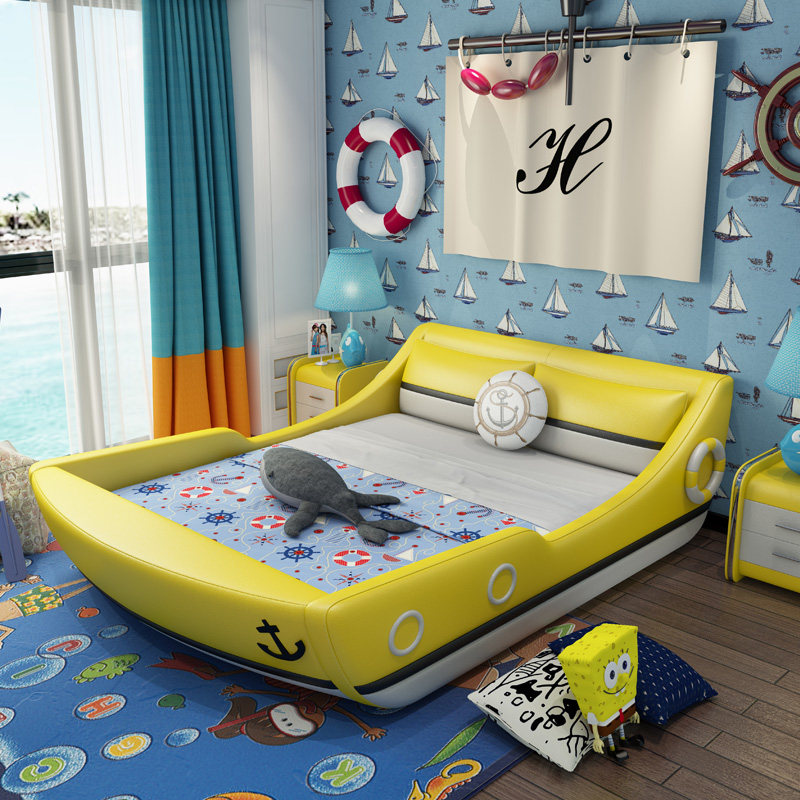 Children's bed Boy cartoon with fence girl creative 1 21 5m double personality pirate sailing boat leather bed