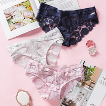 Hollow net gauze sexy underwear womens low waist lace hook flower Ice Silk womens underpants triangle transparent temptation thin