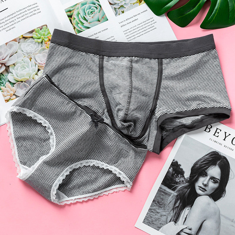 Literary stripe couple panties cotton suit women's briefs Low waist cotton men's boxer briefs simple safety pants