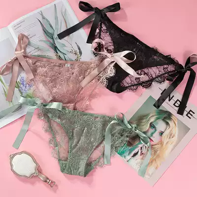 Transparent mesh low-waisted panties female sexy temptation lace-up strap girly hollow lace breathable Lady breifs