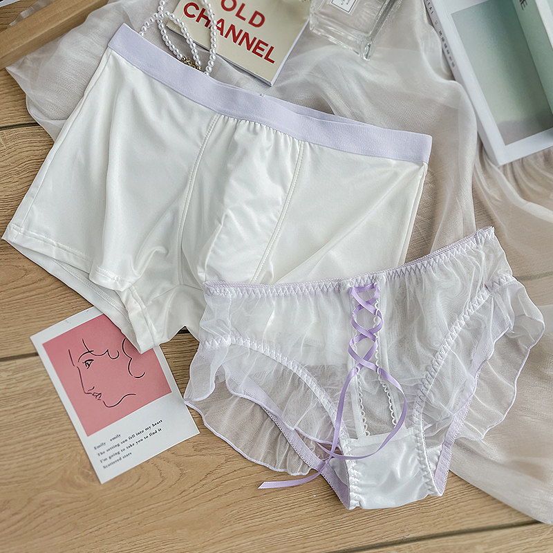 Couple's underwear pure desire ice silk summer mesh transparent sexy female triangle men's boxer pair of couples suits