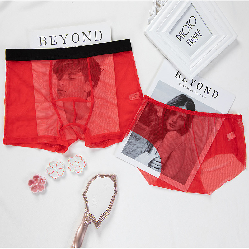 Big Red Couple Pants Sexy Suit Full Transparency Net Yarn Seduction Briefs Ladies Triangle Pants Men's Flat Corner Wedding