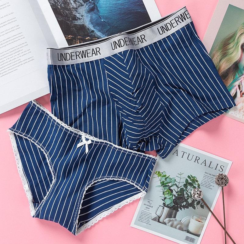 Simple Striped Sexy Couple Underwear Cotton Cute Suit Ladies Briefs Low Waist Men's Boxers Youth