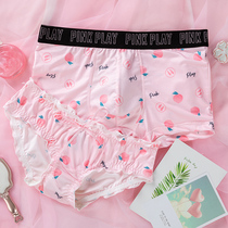 Sweet peach print cute cartoon couple panties double set breathable milk silk underwear ladies sexy