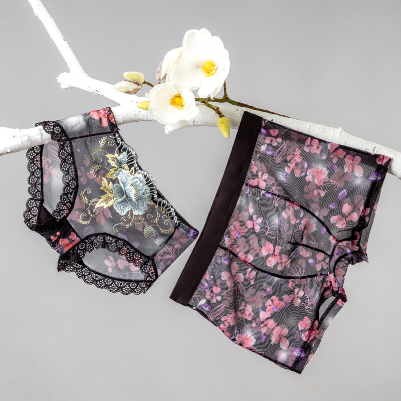 Couple panties Sexy temptation Transparent mesh men's boxer briefs thin breathable female triangle lace fun suit