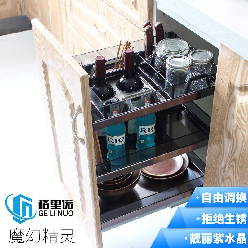 Grino Overall Cabinet Space Aluminum Tempered Glass Seasoned Pull Basket Kitchen Drawer Stainless Steel Damping Containing shelf