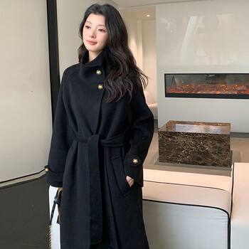 2025 autumn and winter new korean style stand-up collar double-sided woolen coat for women mid-length lace-up slim double-sided woolen coat
