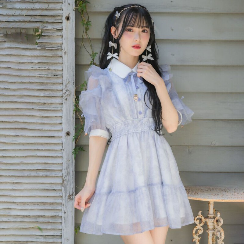 Rojita Sweet and Fresh Style Ruffled Off-Shoulder Tie-Waist Printed Chiffon Dress for Women