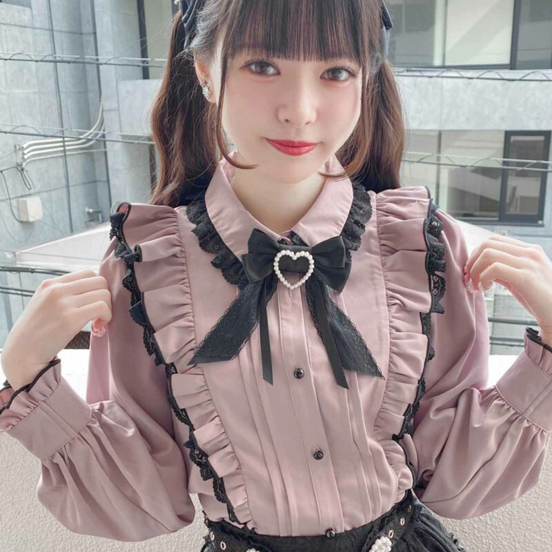 Rojita Clear and Sweet Ruffled Heart Bow Tie Cuff Shirt Top for Women