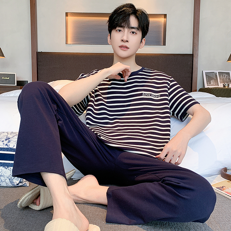 Men's Pajamas Summer Pure Cotton 2026 New Short-Sleeved Long Pants Teenagers Royal Blue Home Wear Set Summer