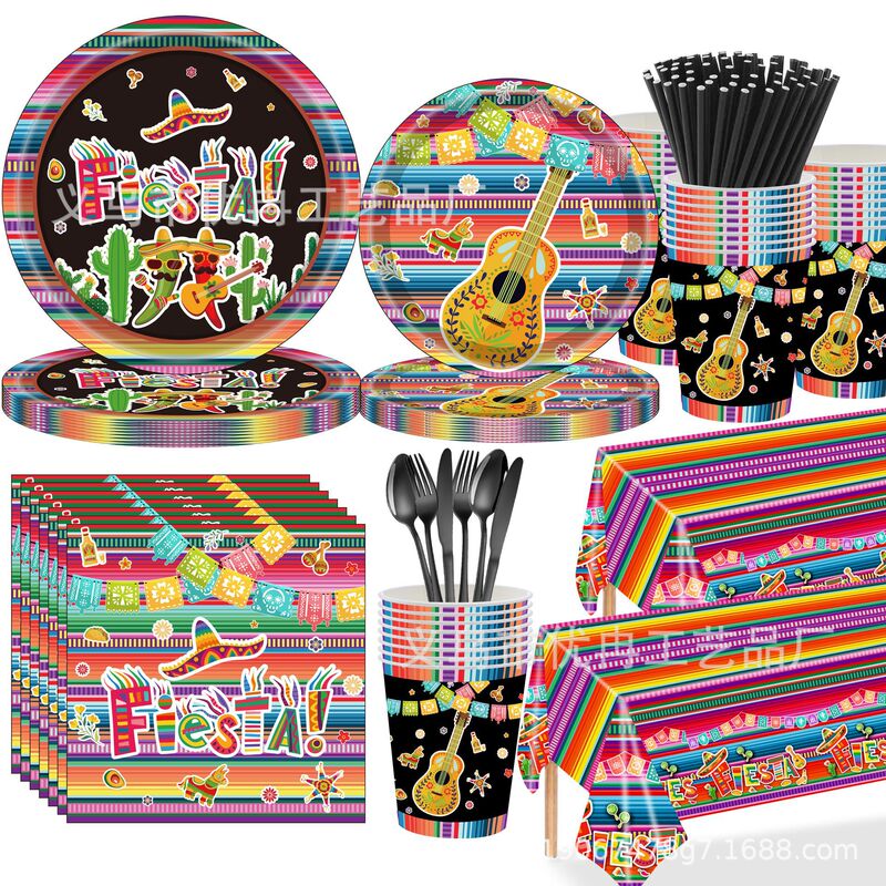 Mexican Carnival Cactus Theme Disposable Tableware Paper Plates Tablecloth Party Decoration Supplies