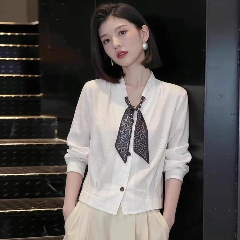 Fashionable Design Silk Scarf Tie Pleated V-Neck Long-Sleeve Shirt for Women 2026 Spring Stylish Loose Versatile Top