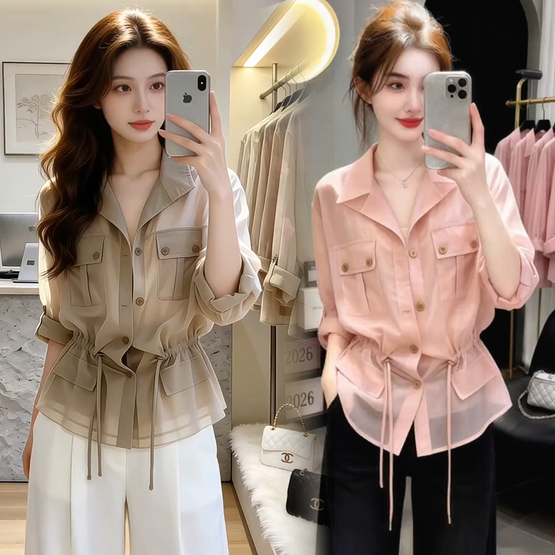 French-Style Fashionable Long-Sleeve Shirt for Women, 2026 Summer New Trendy Waist-Cinching Tie Slimming Sun-Protective Blouse Top