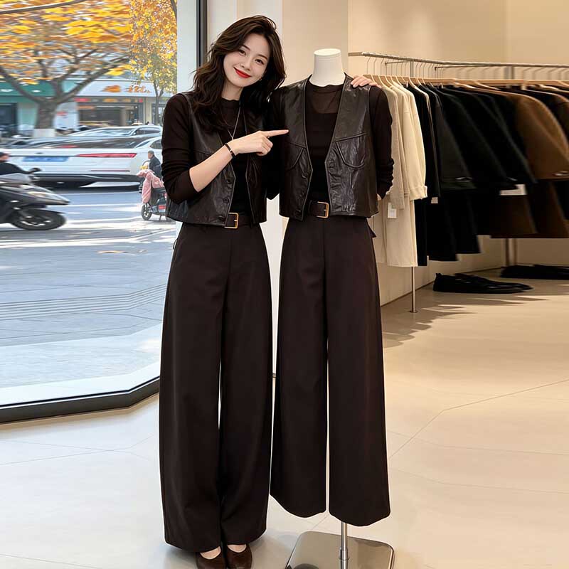 Fashionable Women's Suit 2026 Autumn New Stylish Slim-Fit Long-Sleeve Top, Leather Vest, Wide-Leg Pants Three-Piece Set Trendy Fashionable Women's Suit 2026 Autumn New Stylish Slim-Fit Long-Sleeve Top, Leather Vest, Wide-Leg Pants Three-Piece Set Trendy