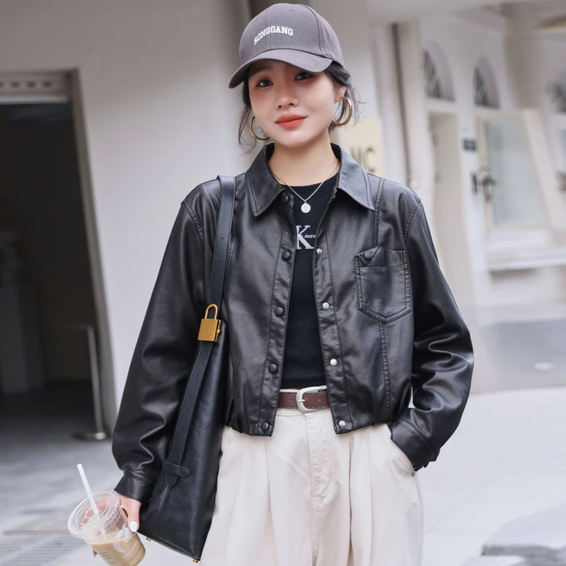 Fashionable Lapel Short Leather Jacket for Women, 2026 Autumn New Stylish Loose-Fitting Slimming Biker Style Leather Jacket Coat Trendy