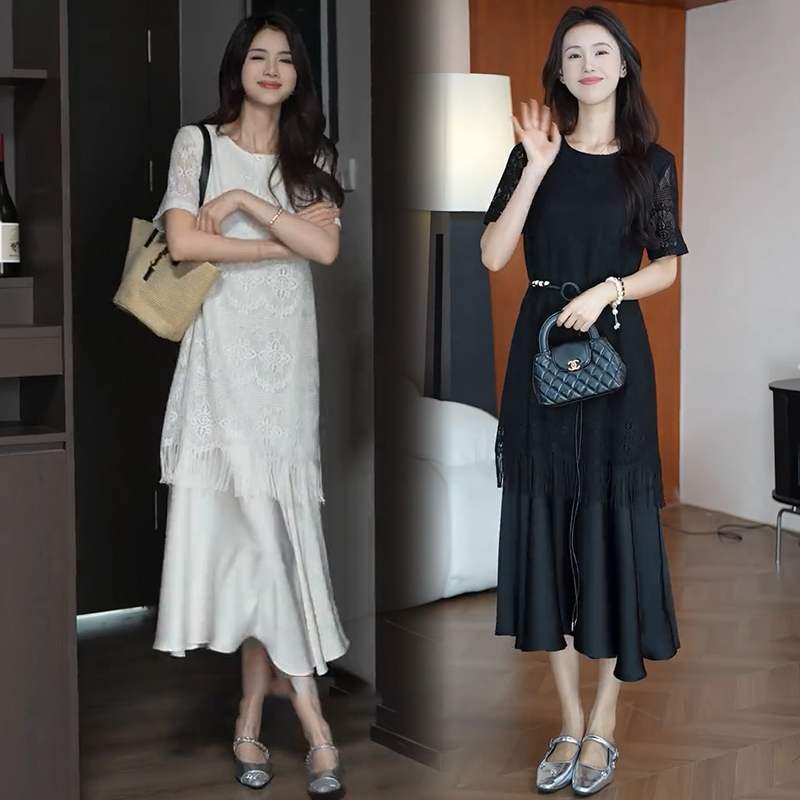 Hepburn-Style Lace Patchwork Dress for Women, 2026 Summer New Stylish Design, Slimming and Flattering, Tassel Mid-Length Dress