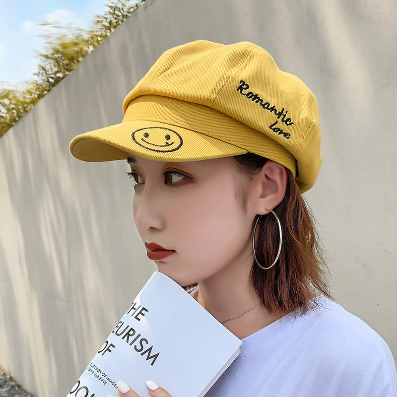Day Series Hat Girl Net Red with Smiley Face Embroidery Anise Cap Autumn Winter Han Edition 100 hitch Duck Tongues Berets