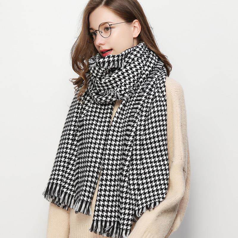 Inlen Wind Upmarket Cashmere Scarf Lady Autumn winter Classic Thousand Bird Plaid Long Enlarged Wool Shawl Tide Card