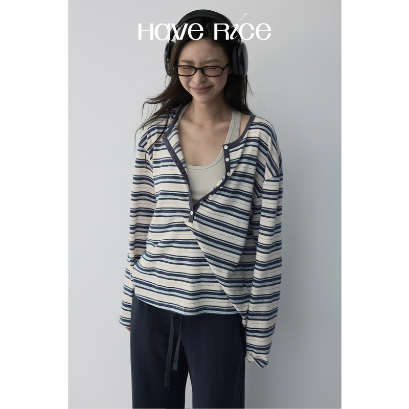 Haverice Restaurant Sea Salt Crisp - Striped T-Shirt Cotton and Linen Blend Textured Henry Collar Layered Long-Sleeve Top Haverice Restaurant Sea Salt Crisp - Striped T-Shirt Cotton and Linen Blend Textured Henry Collar Layered Long-Sleeve Top