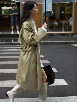 HAVERICE restaurant design sense niche loose temperament long version coat glossy trench coat