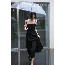 HAVERICE Dining Hall Style Herben Wind Small Black Dress Cashew High Level Sensational Black Long Skirt Harness dress