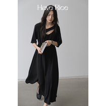 HAVERICE Dining Hall Summer Atmosphere Water Drop Hollowed-out Small Crowd Design Sensation Black Short Sleeve Long Skirt Dress Woman