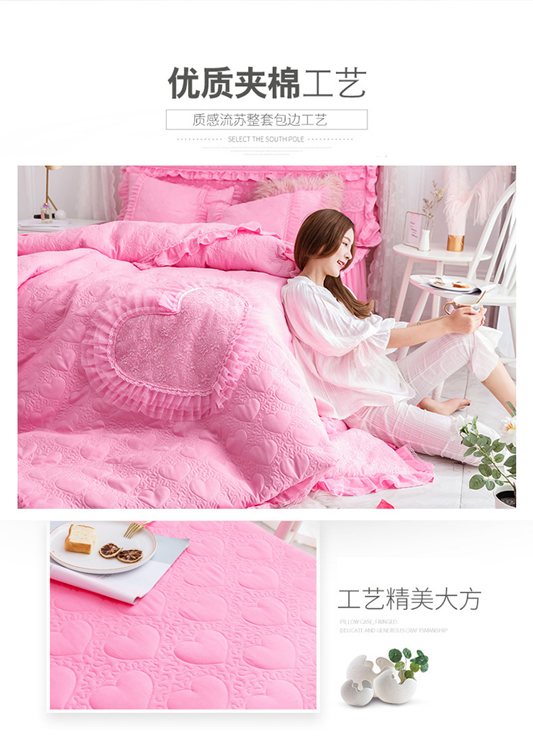 Một gia đình bốn công chúa Hàn Quốc ren gió giường váy màu cộng với khăn trải giường cotton dày màu hồng ren lanh cưới chăn - Bộ đồ giường bốn mảnh bộ chăn ga gối đệm