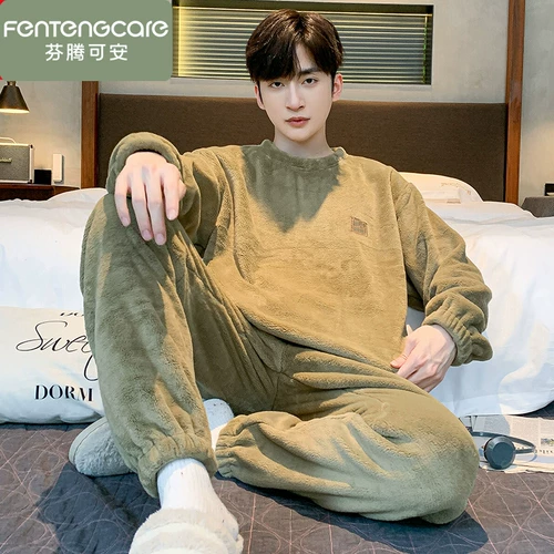 Мужская коралловая бархатная утепленная демисезонная фланелевая пижама