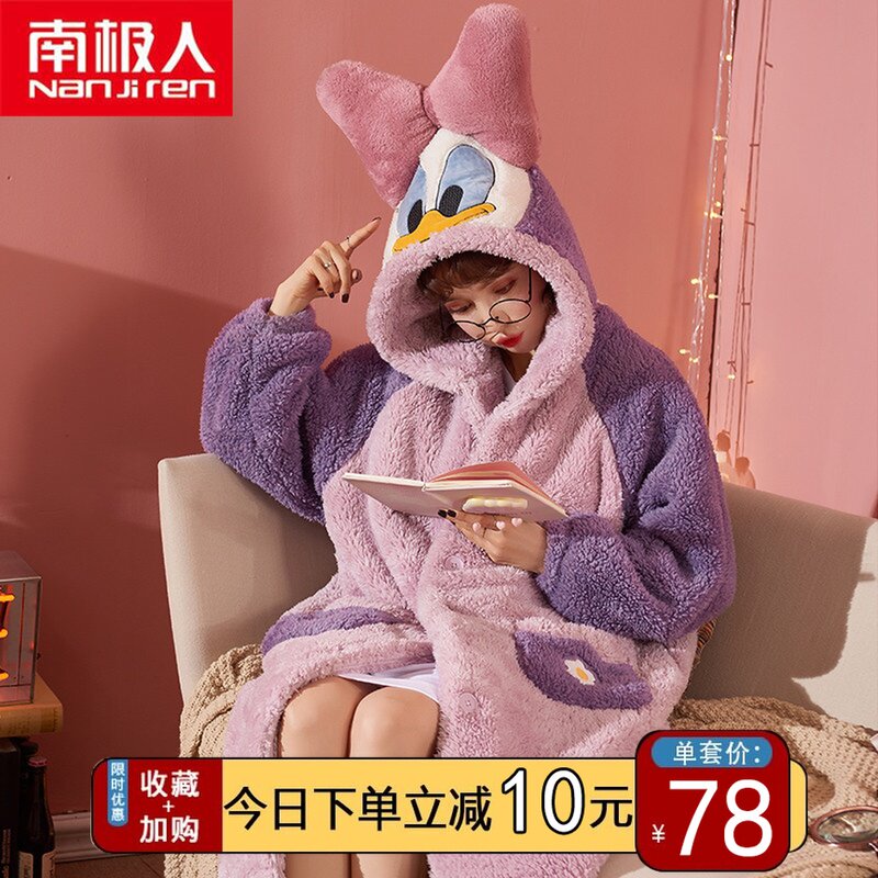 South Pole Winter Coral Suede Sleeping Robe Bathrobe Woman Autumn And Winter Cute Long Version Flannel Sleeping Dress Thickening Pyjamas Spring Autumn