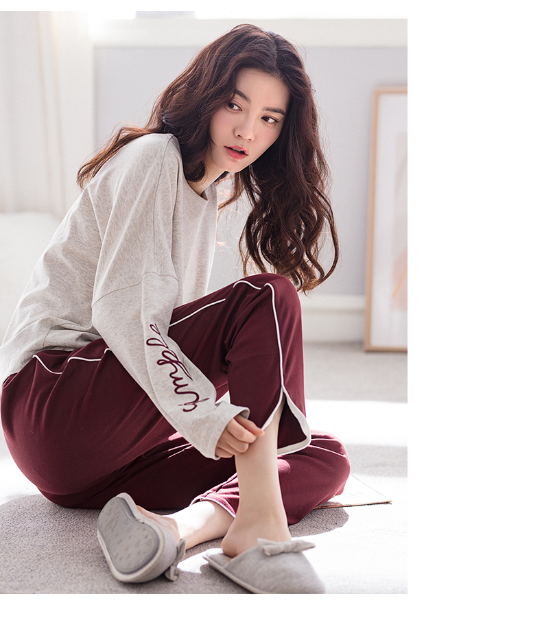 Jing Yun mới đồ ngủ phụ nữ mùa xuân và mùa thu dài tay cotton dịch vụ nhà phù hợp với phụ nữ đơn giản lỏng lẻo dịch vụ nhà bộ đũi mặc nhà