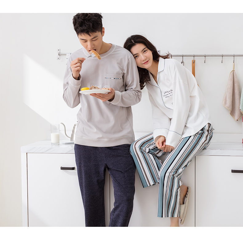 Jing Yun mùa xuân và mùa thu vài bộ đồ ngủ cotton áo sơ mi nữ dịch vụ nhà đơn giản nam giới có thể mặc áo dài tay phù hợp thời trang mặc nhà