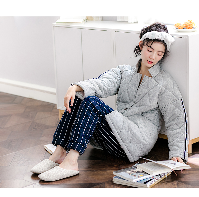 Jing Yun mới mùa đông vài bộ đồ ngủ dày đan ấm bông phục vụ nhà nam và nữ tay áo dài có thể được mặc bên ngoài phù hợp đồ ngủ nam thu đông