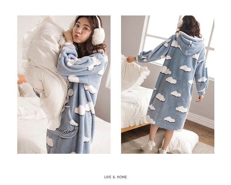 Bộ đồ ngủ Jing Yun nữ mùa đông san hô nhung dày ấm áp dài tay nữ phục vụ nhà hoạt hình dễ thương áo dài dài váy ngủ dài tay