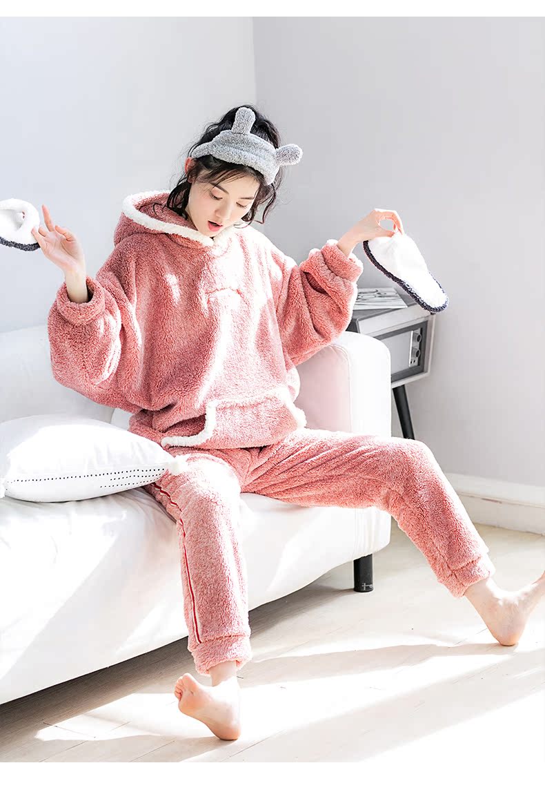 Jing Yun mùa đông đồ ngủ nữ dài tay san hô nhung dày váy ngủ ấm áp trong áo dài trùm đầu bên ngoài dịch vụ nhà váy dài tay thu đông
