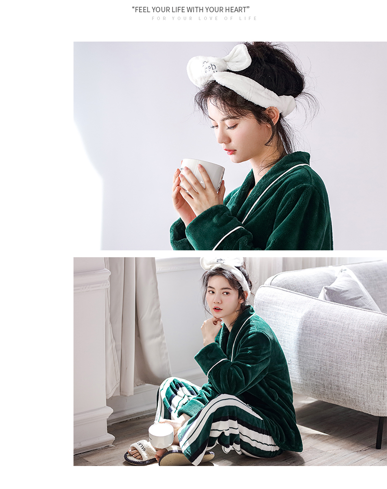 Jing Yun mùa đông san hô nhung nữ đồ ngủ dài tay dày flannel phụ nữ ấm áp phục vụ nhà có thể mặc đồ bộ nam
