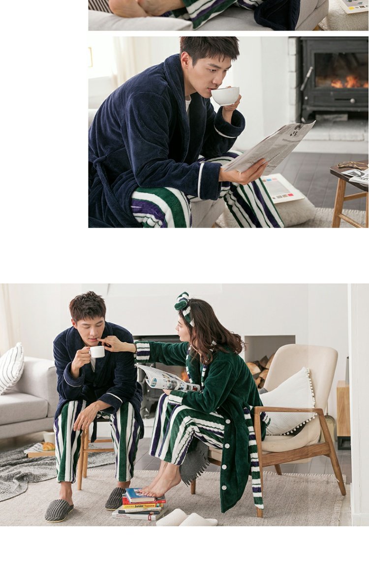Jing vần san hô nhung vài bộ đồ ngủ dài tay sọc cardigan áo ngủ phụ nữ ấm áp đệm nhà dịch vụ phù hợp với nam - Bên ngoài ăn mặc bộ đồ ngủ nhung đẹp