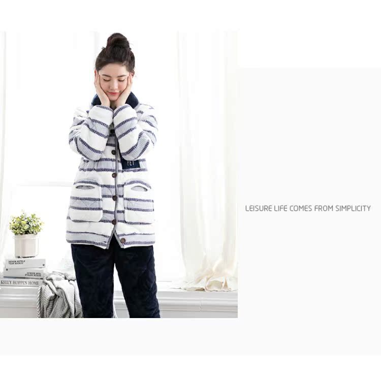 Jing Yun vài bộ đồ ngủ mùa đông san hô nhung ba lớp dày sọc sọc phù hợp với nam flannel cô gái dịch vụ nhà - Giống cái bộ mặc nhà thu đông
