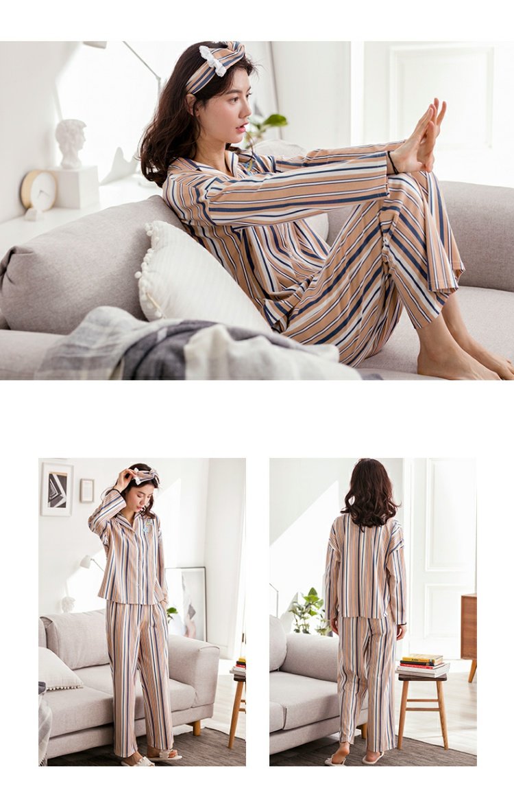 Jing Yun mới đồ ngủ nữ mùa xuân và mùa thu dài tay đơn giản sọc nữ phục vụ nhà phù hợp với quần cotton phù hợp với hai mảnh - Bên ngoài ăn mặc đồ ngủ cao cấp
